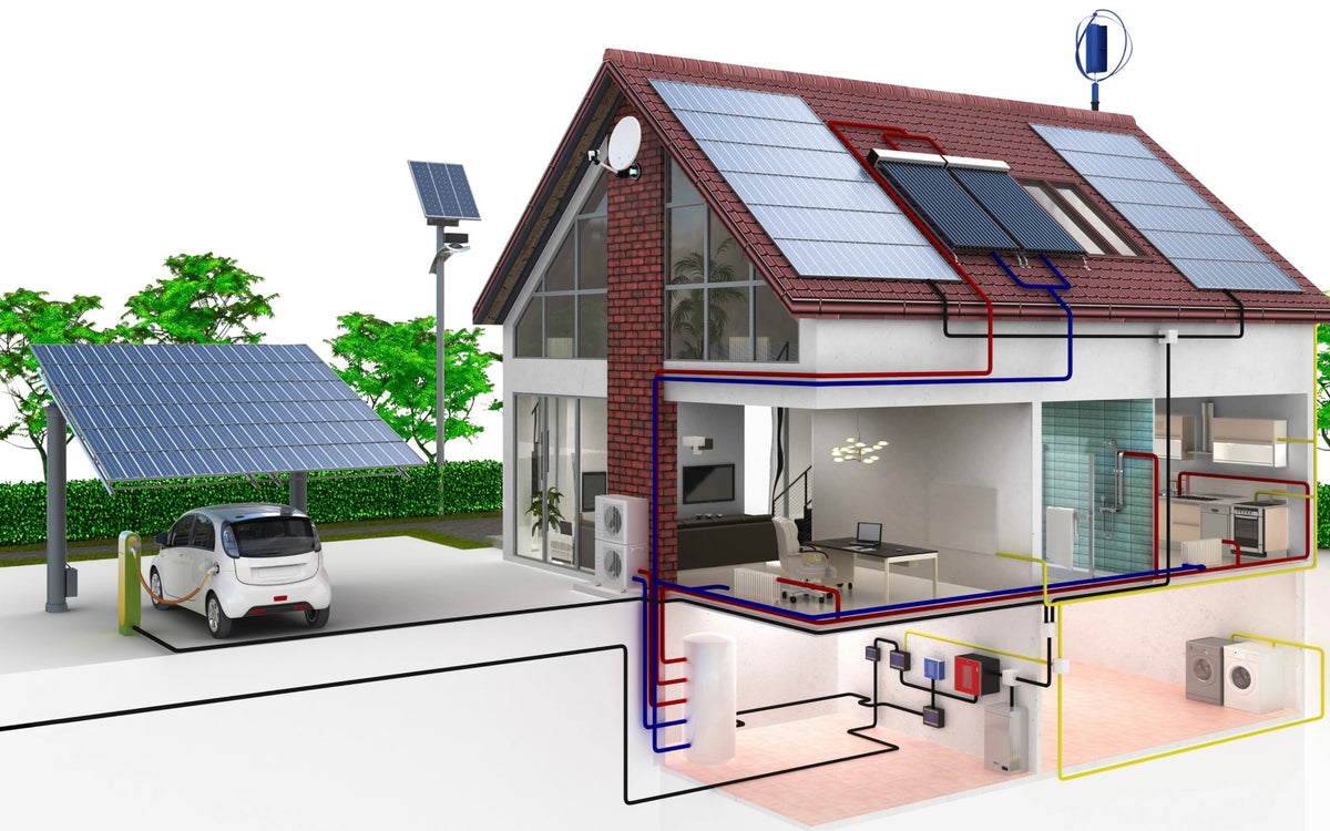 Schnittgrafik eines Hauses mit Photovoltaik, Solarthermie, Wärmepumpe, Batteriespeicher und Solarcarport mit ladendem Elektroauto